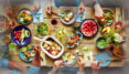 reich gedeckte Dinnertafel mit Gem&uuml;se und Freunden, die gemeinsam essen