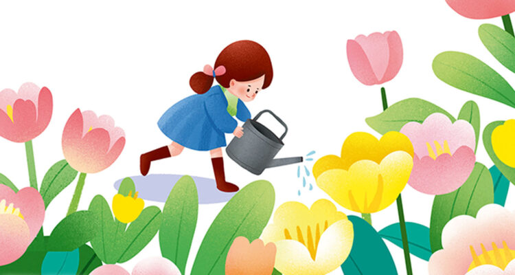 Sommer-Maedchen gie&szlig;t Blumen