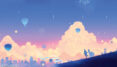 Paar laufend vor Skyline mit Ballons, Illustration