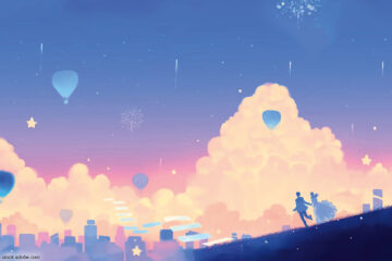 Paar laufend vor Skyline mit Ballons, Illustration