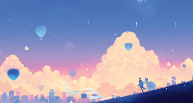 Paar laufend vor Skyline mit Ballons, Illustration
