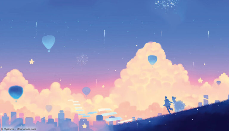 Paar laufend vor Skyline mit Ballons, Illustration