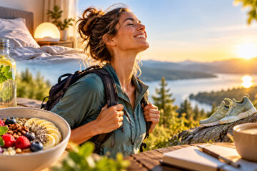 Frau mit Rucksack in der Natur, umgeben von Symbolen f&uuml;r einen energiegeladenen Alltag wie gesunde Ern&auml;hrung, Wasser, Bewegung und erholsamen Schlaf.