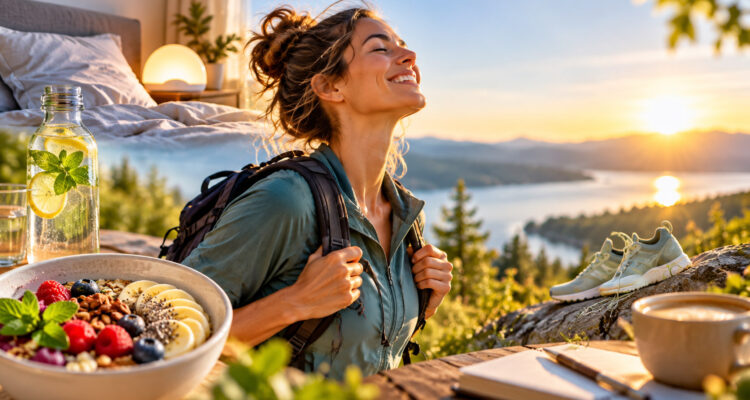Frau mit Rucksack in der Natur, umgeben von Symbolen f&uuml;r einen energiegeladenen Alltag wie gesunde Ern&auml;hrung, Wasser, Bewegung und erholsamen Schlaf.