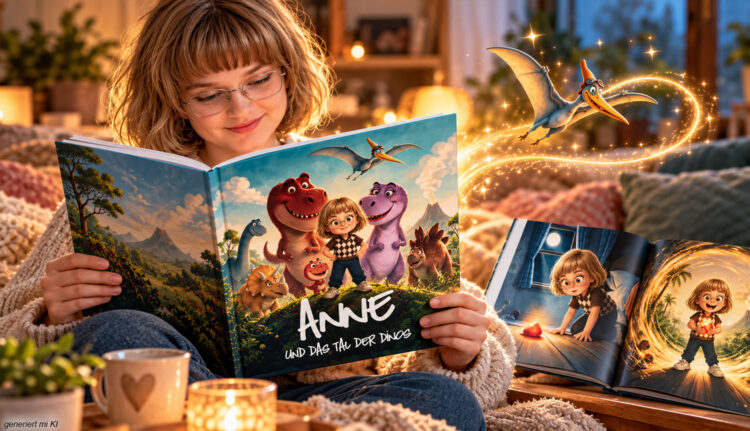 Buch Tal der Dinos Myposter mit einer erwachsenen Heldin